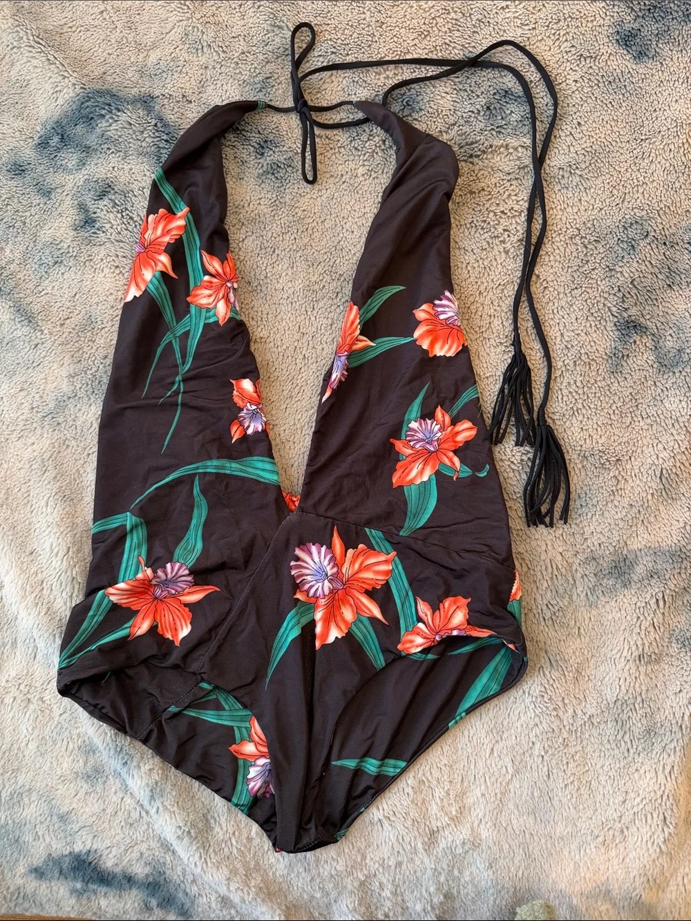 Indah Black One-Piece Swimsuit with Red Floral Print